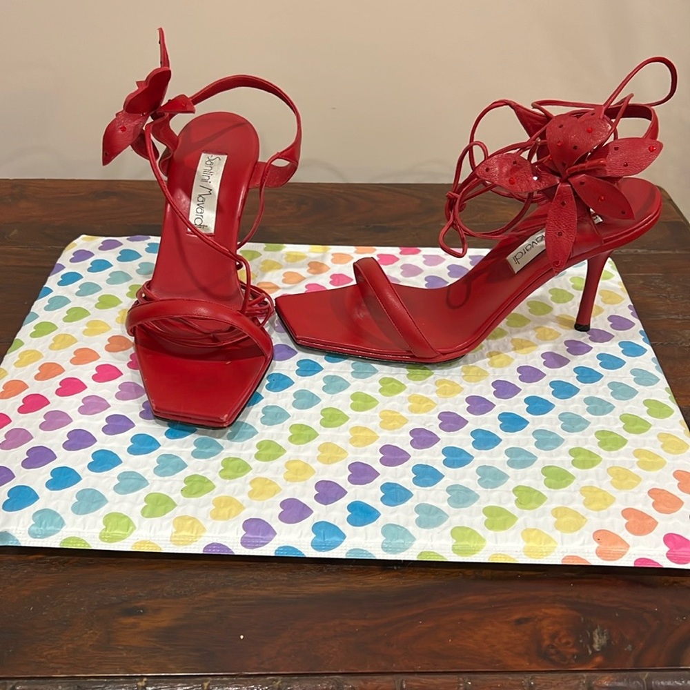 Red Santini Mavardi Wrap Stilettos with Leather Flower  Detail